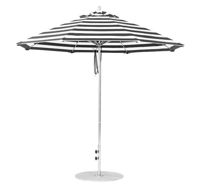 9 ft. commercial patio umbrella with black-and-white striped canopy and aluminum pole, offering shade coverage for hotel pools, resorts, and outdoor dining spaces.